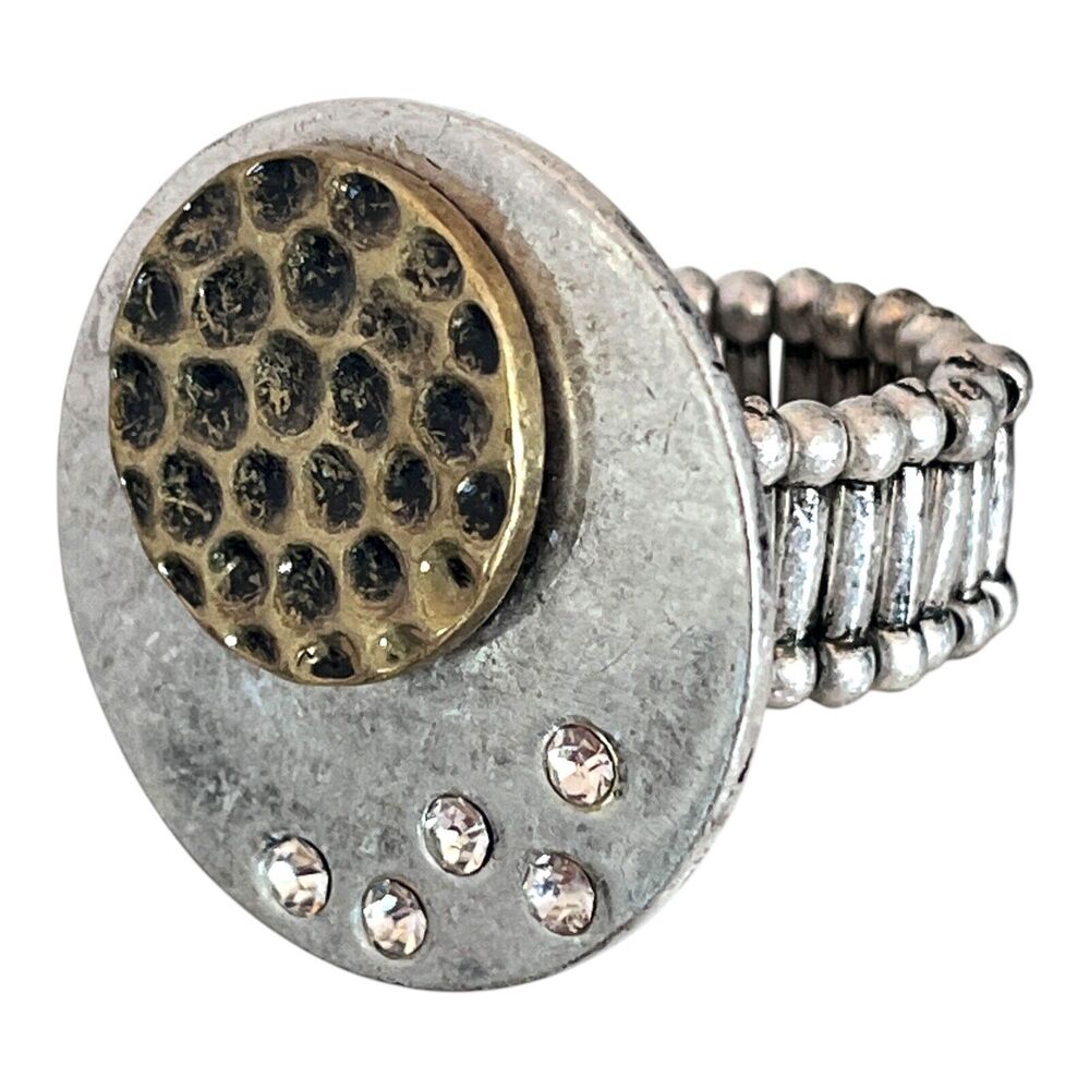 New Silver Tone Stretch Ring Hammered Brass Design Crystal - 10A